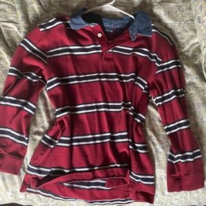 red shirt with black and white stripes and denim collar